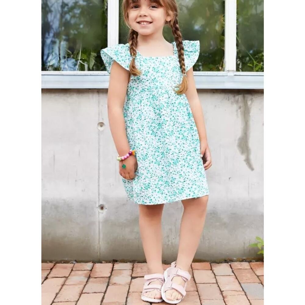 Zara Kids Green Floral dress size 2-3years Textured fabric flutter sleeves